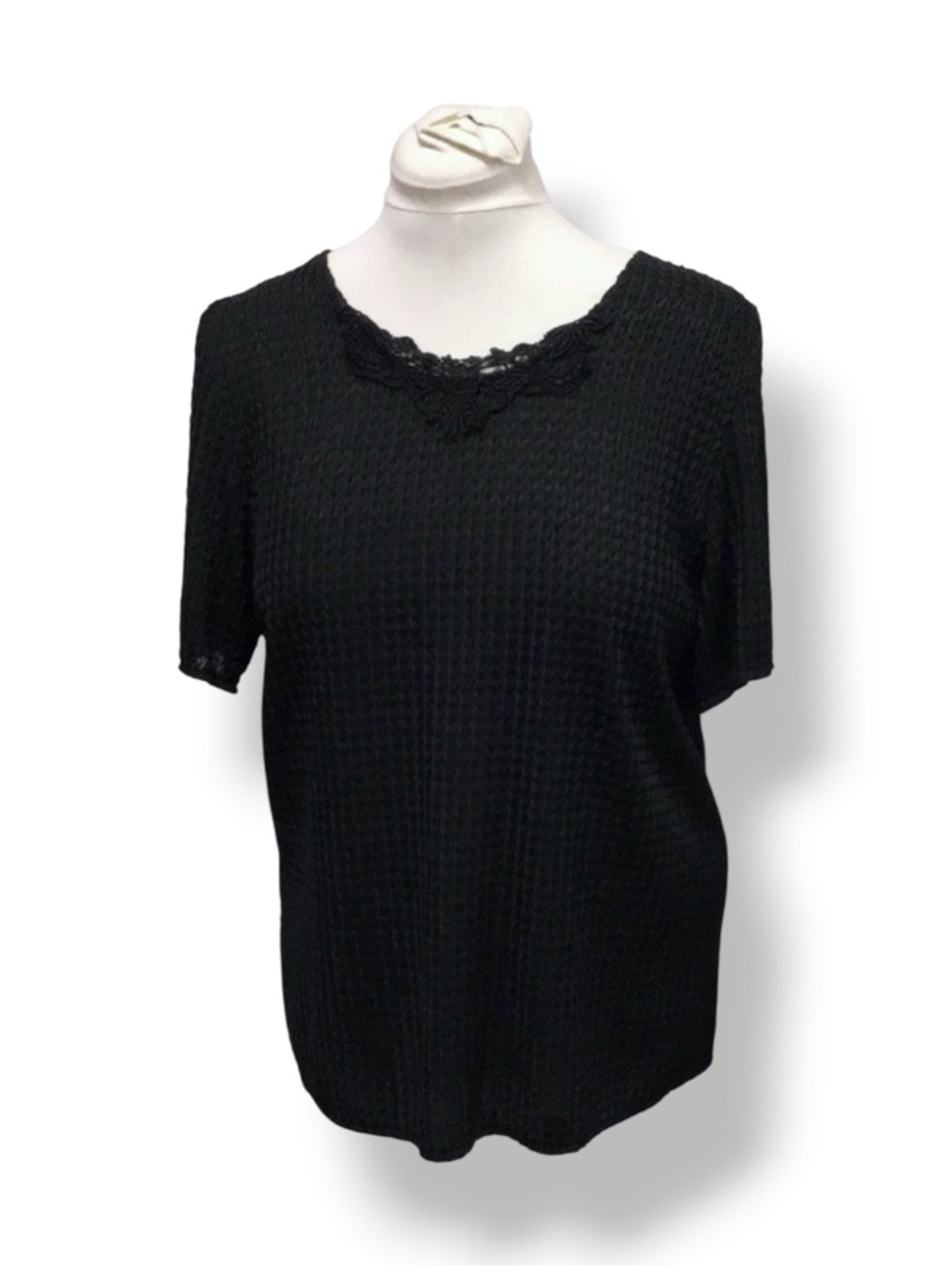 Joanna Women’s Short Sleeve Lace Inlay Neck Waffleweave Blouse VTG 90s Black XL